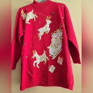 Vintage Christmas Sequined Reindeer Sled Mock Neck Sweater Women's Medium